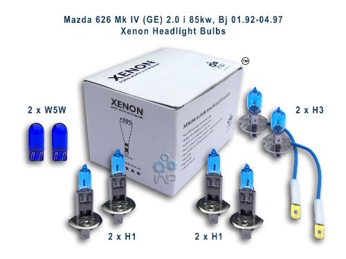 Mazda 626 Mk IV (GE) 2.0 i 85kw, Bj 01.92-04.97 Xenon Headlight Bulbs H3, H1, H1, W5W Mazda 626 Mk IV (GE) 2.0 i 85kw, Bj 01.92-04.97 Xenon Headlight Bulbs H3, H1, H1, W5W