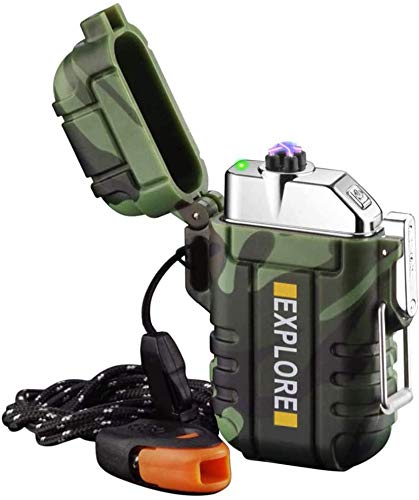 Mechero eléctrico USB recargable, resistente al viento de plasma, sin llama, con silbato de emergencia para senderismo, al aire libre, para camping, supervivencia táctica, equipo EDC (camuflaje)