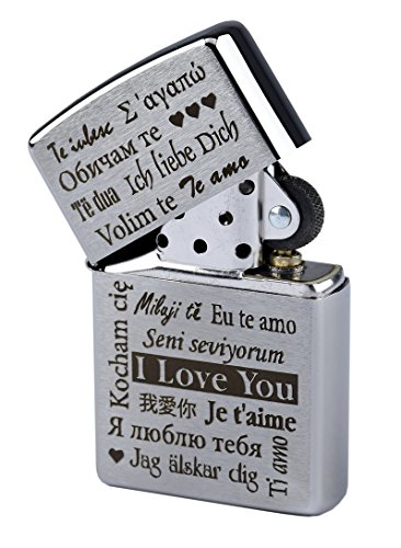 Mechero Zippo con grabado "I love you"/"Te amo" en varios idiomas en cromado cepillado, de gasolina