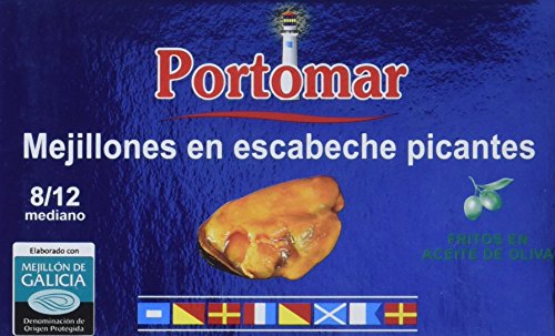 Mejillones de las Rías Gallegas en escabeche picantes- 8-12 pzs/lata- Portomar-Pack 8 x 111gr- total= 888gr.
