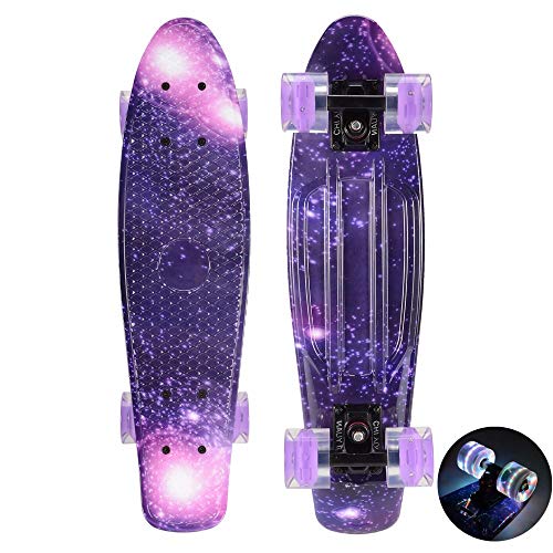 Monopatín de plástico Mini Cruiser Board 22"X 6" Retro Longboard Skate Long Board Graphic Galaxy Purple Blue