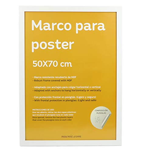 Nacnic Marco Blanco para Fotos, Posters, láminas, Diplomas. Tamaño(50x70 cm).Robusto de MDF y Frontal de plexiglas.Marco Blanco para Colgar