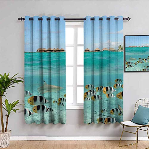 Ocean Decor Collection Cortina de ventana con punta negra, arrecife, tiburón, mariposa, peces en aguas poco profundas, laguna de Bora Bora y una isla con imagen de traer belleza de 63 x 45 pulgadas