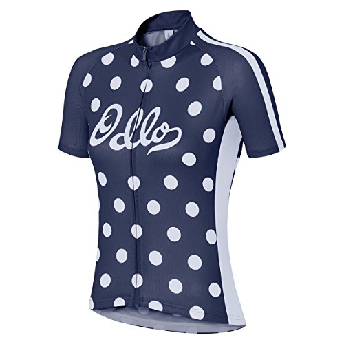 Odlo Trikot Stand-Up Collar Short Sleeve Full Zip Ride - Maillot de Ciclismo para Mujer, Color Azul Marino, Talla L