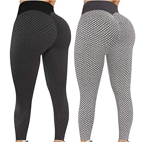 Pack 2 Push Up Leggings para Mujer, Cintura Alta Mujer Malla Celular Pantalón de Yoga Leggings, Butt Lifter Anti-Cellulite Deportivos Yogapants para Yoga Pilates Fitness (L, S)