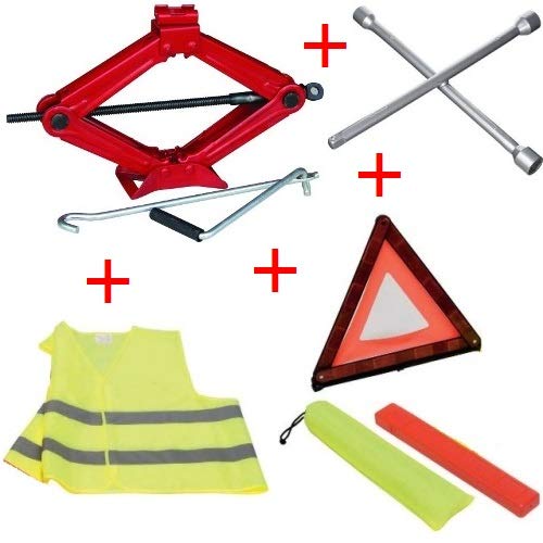 para Mahindra XUV500 Kit Artículo de Emergencia para Coche CRIC Jack AUS Acero + Cross Key+DREIECK+Fluo-Jacke Todos los gustosos PANNENDIENST