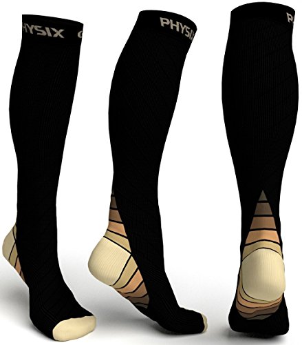 Physix Gear Sport Calcetines de compresión, los Mejores Calcetines compresión Mujer y Hombre para el Dolor de pies y Gemelos, Medias de compresión Hombre y Mujer, 1 par, L/XL, Negro/Beige