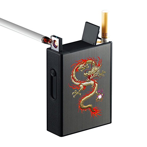 Pitillera metálica con encendedor eléctrico USB recargable, con espacio para 20 cigarrillos normales, portátil, sin gas