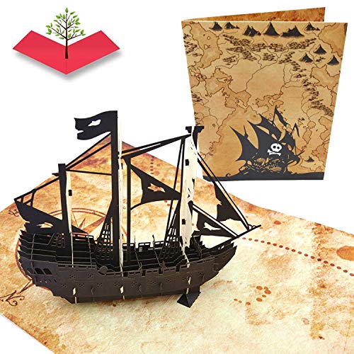 PopLife Cards Barco pirata y mapa del tesoro tarjeta de felicitación emergente en 3D para todas las ocasiones -el día del padre, feliz cumpleaños, graduación, jubilados cazadores de tesoros, piratas