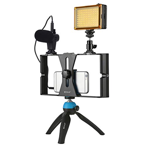 PULUZ PKT3023 Instalación de cine de mano de mano para smartphone + 96 LEDs Luz de estudio LED + Micrófono de video + Mini kits de montaje en trípode con cabezal de trípode para tiro al aire