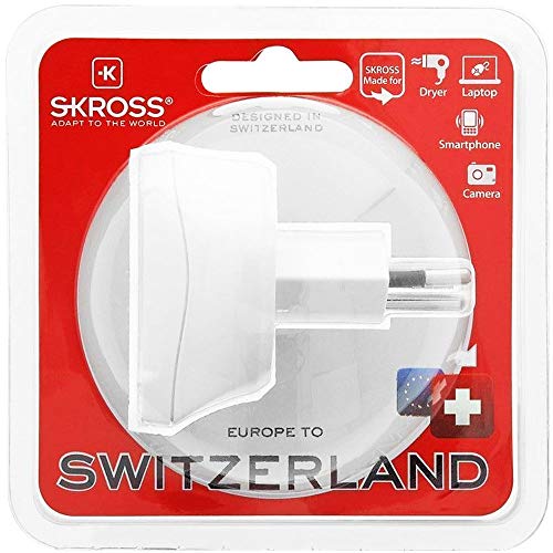Skross 1.500205 Europe to Switzerland, Adaptador de viaje para viajar desde Europa a países que utilizan la norma suiza. Enchufe de salida: Suiza, Blanco