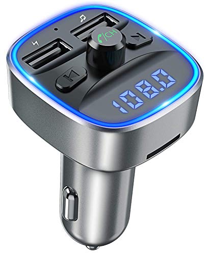 Transmisor FM Bluetooth Coche Manos Libres, Bluetooth para Coche, Cargador de Coche con Doble USB Reproductor MP3 Mechero Coche, Adaptador de Radio Soporte Tarjeta SD y U Disk (Gris)