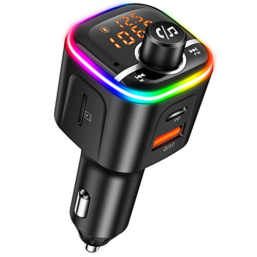 Transmisor FM Bluetooth V5.0,[2021 Versión 9 Colors Gran Apertura] 41W Carga Rápida Bluetooth Coche, [Pantalla Doble] Manos Libres Coche con 9 LED Modos, Soporte TF/U Disk Siri/Google Voice Assistant