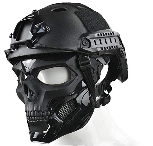 WLXW Máscara Táctica de Airsoft y Casco Rápido de Paintball, Máscara Completa Protectora de Cara Completa Máscara de Calavera Diseño de Uso Dual, Equipo de Protección de Tiro de Caza,Negro,M（52/60CM）