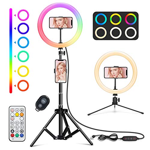 WWDOLL Anillo de luz LED Selfie con 26 RGB Colores, 10" Aro de luz con 2 Trípodes Reemplazable, 4 RGB Flash Modos y 9 Brillos Regulables para Móvil TikTok Youtube Fotografía Maquillaje Live