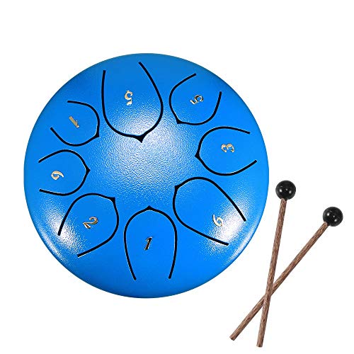 YChoice365 Tambor de acero para lengua, 6 pulgadas, 8 afinación de flor de loto, tambor de mano con baquetas, bolsa de transporte, cubierta de dedo, t15,24 cm + 8 melodías + azul