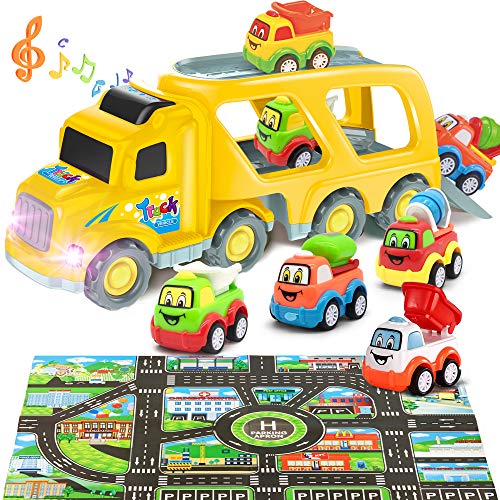  Juguetes para niños de 3 años – 4 camiones accionados por  fricción para niños de 3 años en adelante, tapete de juego y 16 accesorios,  juego de vehículos de construcción de
