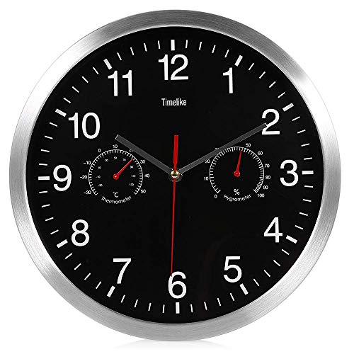 ZHUAN Reloj de Pared Redondo, Moderno Reloj de Pared silencioso Que no Hace tictac, con Medidas de Temperatura y Humedad Reloj de Pared de Cuarzo, para Oficina en casa, Negro 32x32cm (13x13inch)