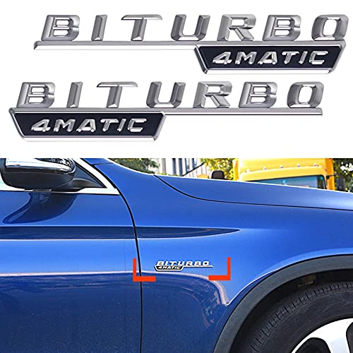 BLJS 1 par BITURBO 4MATIC Insignia Lateral del Guardabarros del Cuerpo Letra Logo Decoración Pegatina para Mercedes AMG CLS GLK CLK GLC GT GLA Estilo de Coche,Plata