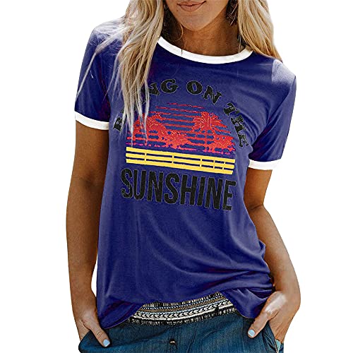 Camiseta para Mujer Camiseta Deportiva para Mujer Camiseta de Manga Corta con Cuello Redondo y Estampado de cocotero Tops Sudadera Rayas Camisa Extragrande Blusa de Jersey para Mujer Corte Holgado