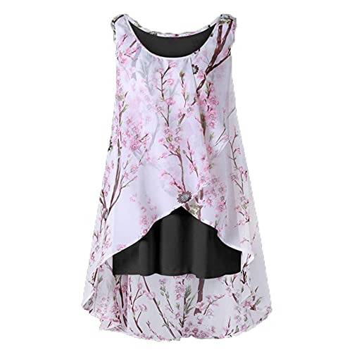 Camiseta Sin Mangas Mujer Elegante Sexy Blusa Sin Mangas De Cuello Redondo Camisa De Gasa De Verano Elegante Estampado Floral Dobladillo Irregular Suelto Cómodo Blusa Mujer Fresca C-Black XL