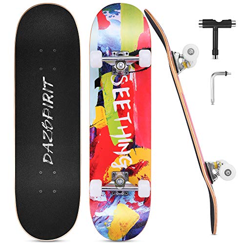 DazSpirit Skateboards, 31 x 8 Skateboard Completo de Doble Patada para Principiantes 7 Capas de Arce Monopatín Cóncavo para Niños y Niñas para Adolescentes y Adultos con Herramienta en T(Color)