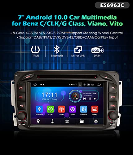 Erisin Estéreo de Coche Compatible ES6963C 7" 8 Core Android 10.0 con GPS BT DVD Dab por Mercedes CLK C209 W209 Viano Vito W203