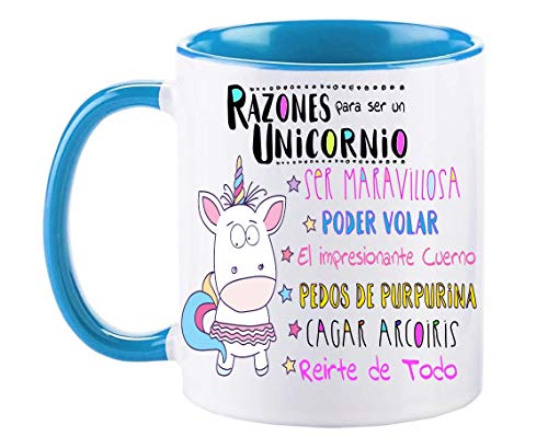 FUNNY CUP Taza Unicornio Color. Razones para ser un Unicornio. Divertidos Motivos para lucir Entre Amigas (Azul)