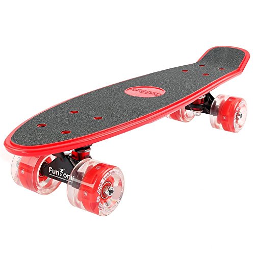 FunTomia® Mini Board monopatín Skateboard 57cm - Big Wheel 65mmx45mm (80A) - Rodamiento ABEC-11 (Rojo - con LED Rollo)