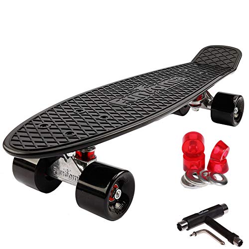 FunTomia Mini Board monopatín Skateboard 57cm - con o sin LED Ruedas - Wheel 59mmx45mm (82A) - Rodamiento ABEC-11 (Negro/Negro - sin LED + T-Tool)