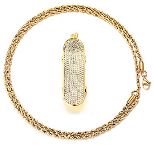 Halukakah Cadena de Oro para Hombre,Chapado en Oro Real de 18k Collar con Colgante de Monopatín 3D Cz Completo Diamantes de Laboratorio Juego de Puntas con Cadena de Cuerda 60cm Caja