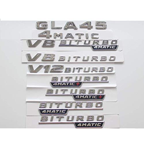 Insignia de letras de tronco trasero cromadas, emblema emblema para Mercedes Benz GLA45 V8 V12 BITURBO 4MATIC AMG (1 par V12 BITURBO, cromo? plateado brillante?)