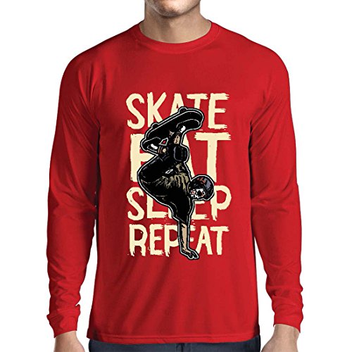lepni.me Camiseta de Manga Larga para Hombre Eat-Sleep-Skate-Repeat para el Amante del monopatín, Regalos del Skater, Ropa Que anda en monopatín (X-Large Rojo Multicolor)