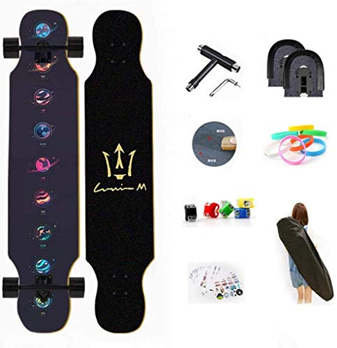 Longboard Skateboard Complete Premium Pro, rodamientos ABEC de alta velocidad, arce de 8 capas, tablas de crucero de patinaje freeride Drop-Through, con mochila T-Tool Skateboard Sticker Toallita de l