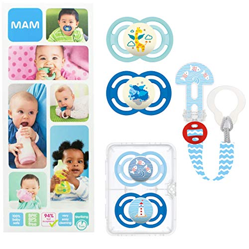 MAM Premium Soothing Set, juego de regalos para bebés de +6 meses, incluye 2 chupetes de silicona Perfect +6, 2 chupetes Perfect Night +6 y sujetachupetes Clip it, NIÑO (Boy)