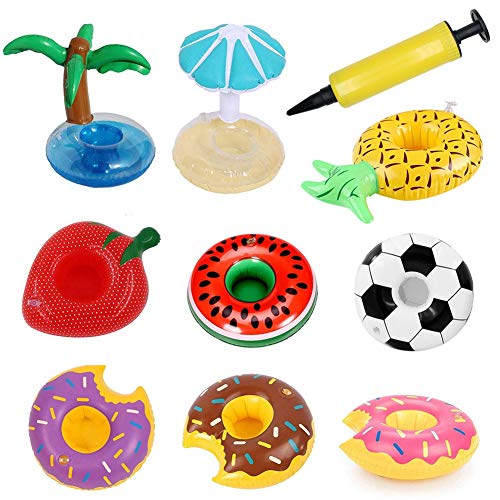 Migimi Portavasos inflables de 9 piezas para beber, posavasos inflables para fiestas en la piscina y juguetes de baño para niños, portavasos flotadores de playa, portavasos con mini bomba de aire