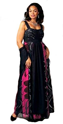 M.I.M. Vestido de noche de gasa, color negro, rosa y plateado, talla 40