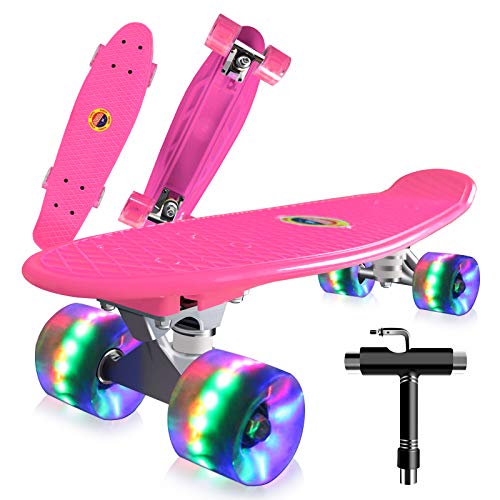 Monopatín Completo Mini Cruiser Skateboard 22" Retro Skate Board para Niños Adolescentes Adultos, Ruedas con Luz LED y Herramienta en T de Patinaje Todo en Uno (Rosado)