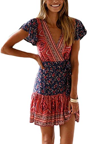 Mujer Bohemio De La Flor V Cuello Corto Mini Tamaños Cómodos Corta La Playa del Vestido Vestido De Verano con Ropa Vendimia De La Manera Muchachas De La Correa (Color : N-Blau, One Size : XL)