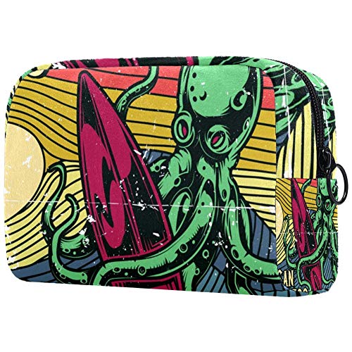 Octopus - Bolsa de maquillaje portátil con monopatín, bolsa de cosméticos impresa, bolsa de cosméticos para mujer