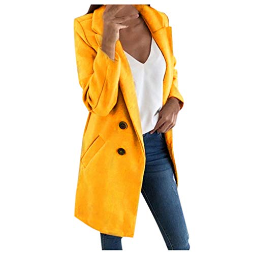 Reooly Mujer Abrigo Largo de Lana Elegante Abrigo Mixto Chaqueta Delgada Mujer Abrigo Largo(Amarillo,Medium)