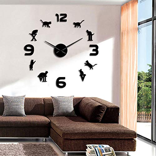 RQJOPE Números arábigos Mixto DIY Reloj de Pared Grande Kitty Cat Silhouette Wall Art Giant Mute Wall Watch Diseño Moderno Decoración para el hogar