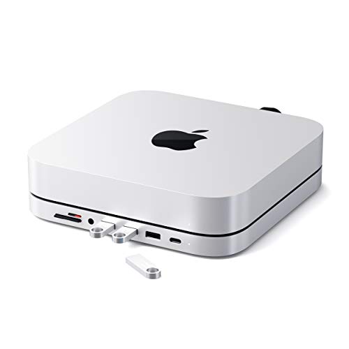 SATECHI Soporte & Hub Tipo-C de Aluminio – Compatible con 2020 y 2018 Mac Mini – Puerto de Datos USB-C, Lector de Tarjetas Micro/SD, USB 3,0 & Puerto Jack para Auriculares (Plata)