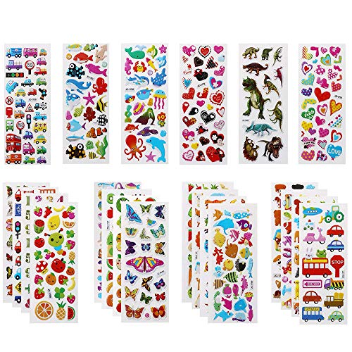 Vicloon Pegatinas para niños 500+, 22 Hojas Diferentes Pegatinas 3D, Stickers Infantiles para Bullet Journal Scrapbooking Incluye Animales, Peces, Dinosaurios, Números, Frutas, Aviones y Más
