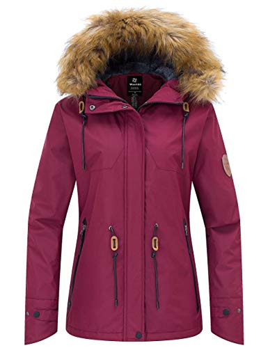 Wantdo Abrigos de Invierno Aislada con Vellón Chaqueta de Montaña de Senderismo Chaqueta Capucha con Pelo a Prueba de Viento Parka Snowboard de Esquí Exteriores para Mujer Rojo Vino Small