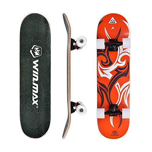WIN.MAX Completo Skateboard para Principiantes 31"x8" 7 Capas Monopatín de Madera de Arce con rodamientos ABEC-7 Tabla de Skateboard(Etnic-OR)