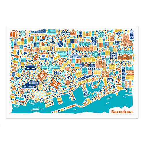 Barcelona Póster - Póster de mapa urbano multicolor horizontal con monumentos Sagrada Familia, L'Aquarium de Barcelona, Las Ramblas, Camp Nou Stadium, Barrio Gotico, Park Guell de Gaudi, Montjuïc, La Seu Cathedral, Plaça de Catalunya, Columbus Monument, P