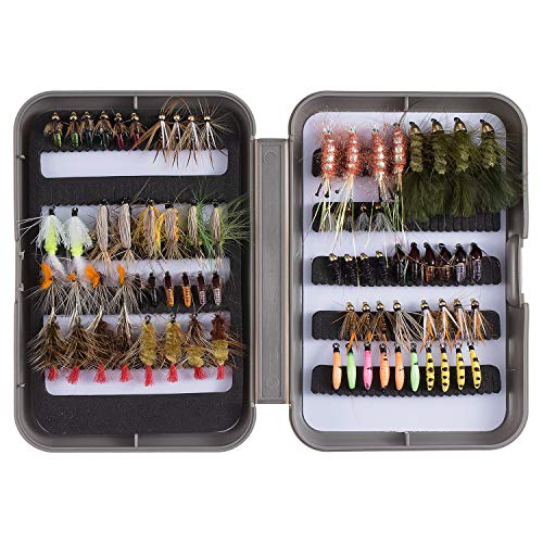 Bassdash Kit de señuelos de pesca con mosca con caja Cabeza de ninfa Cabeza de pesca húmeda Moscas secas para trucha Salmón bajo