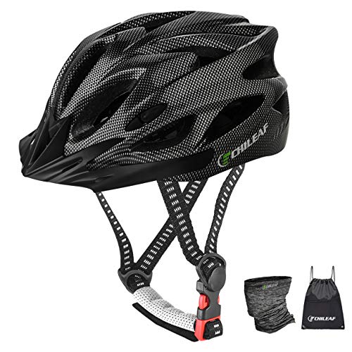 CHILEAF Casco de bicicleta de seguridad deportivo con visera – Integrated Mountain Bike Bicycle Riding Helmet – 18 Vents doble in-Mould para casco de bicicleta adulto 56 – 64 cm (negro carbón)