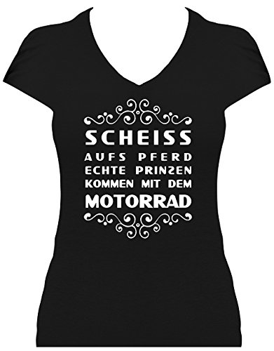 Elegante camiseta de motorista para mujer, diseño con texto en alemán "Scheiss auf Pfer" blanco y negro S
